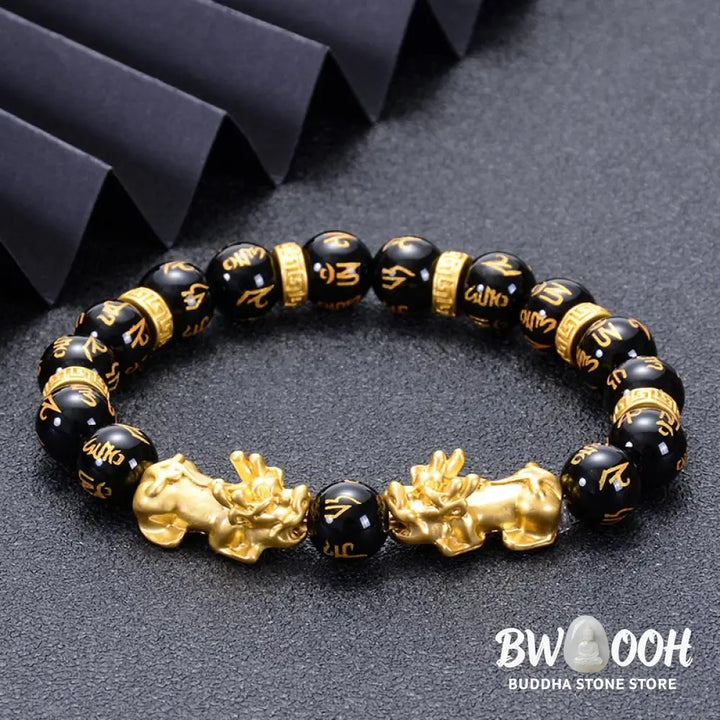 Buddha Stones Black Obsidian Black Onyx Golden Alloy Two PiXiu Om Mani Padme Hum Strength Bracelet - BWOOOH - Bracelet