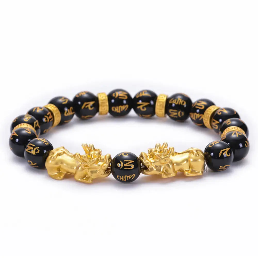 BWOOOH Black Obsidian Black Onyx Golden Alloy Two PiXiu Om Mani Padme Hum Strength Bracelet - BWOOOH - Black