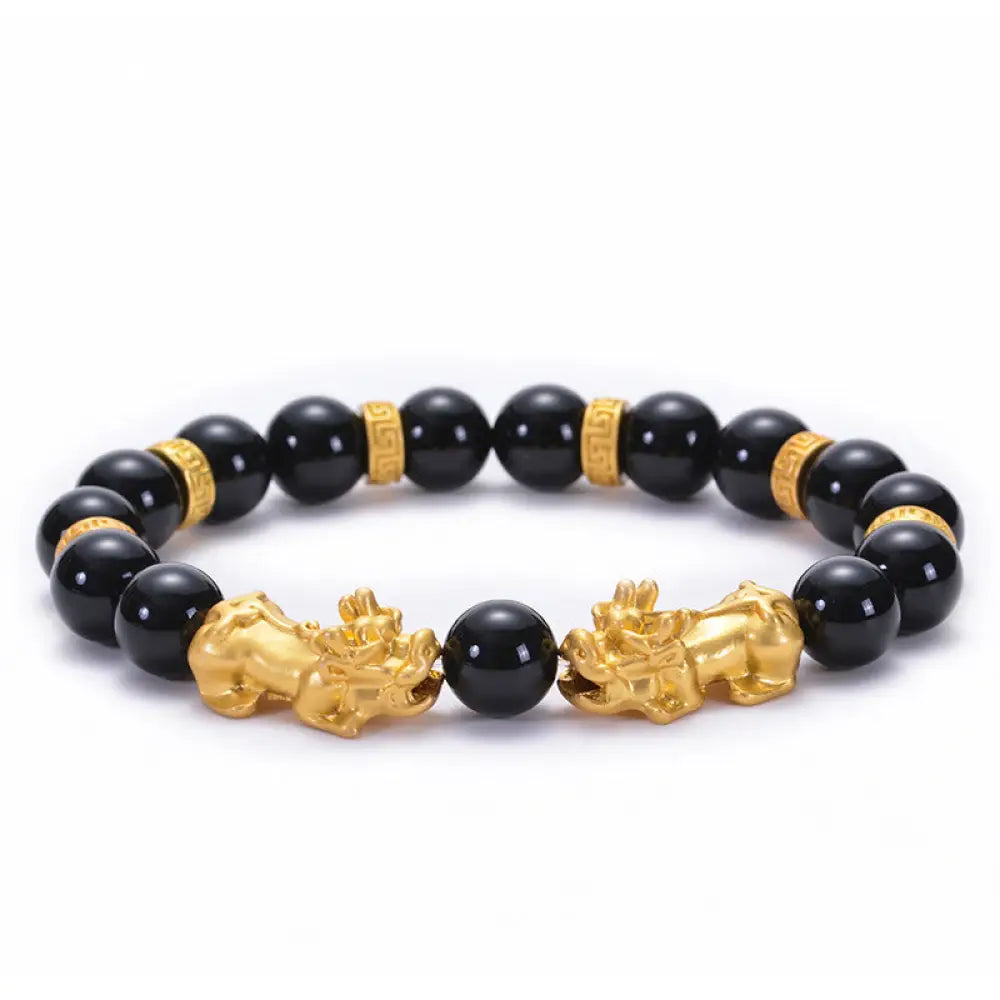 Buddha Stones Black Obsidian Black Onyx Golden Alloy Two PiXiu Om Mani Padme Hum Strength Bracelet - BWOOOH - Black
