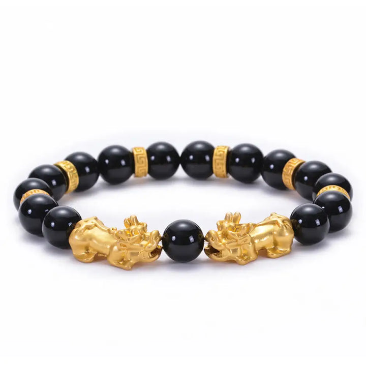Buddha Stones Black Obsidian Black Onyx Golden Alloy Two PiXiu Om Mani Padme Hum Strength Bracelet - BWOOOH - Black