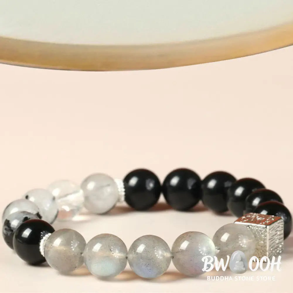 Buddha Stones Black Obsidian Black Rutilated Quartz Moonstone Cube Strength Bracelet - BWOOOH - Bracelet