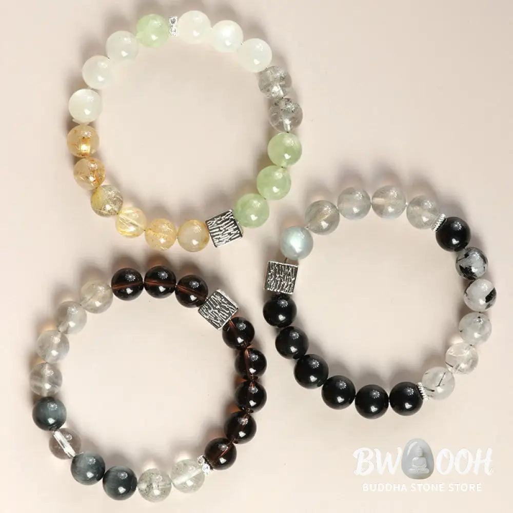 Buddha Stones Black Obsidian Black Rutilated Quartz Moonstone Cube Strength Bracelet - BWOOOH - Bracelet