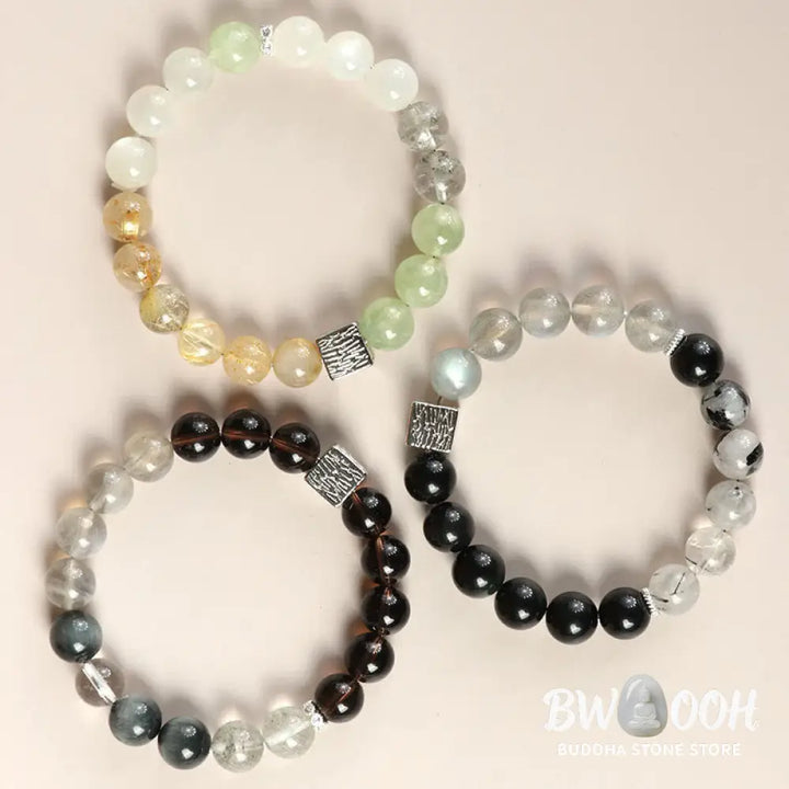 Buddha Stones Black Obsidian Black Rutilated Quartz Moonstone Cube Strength Bracelet - BWOOOH - Bracelet