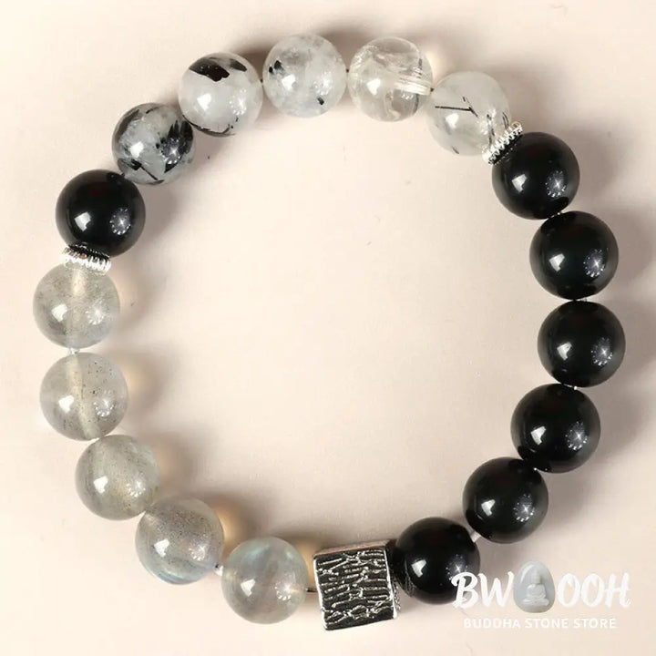 Buddha Stones Black Obsidian Black Rutilated Quartz Moonstone Cube Strength Bracelet - BWOOOH - Bracelet