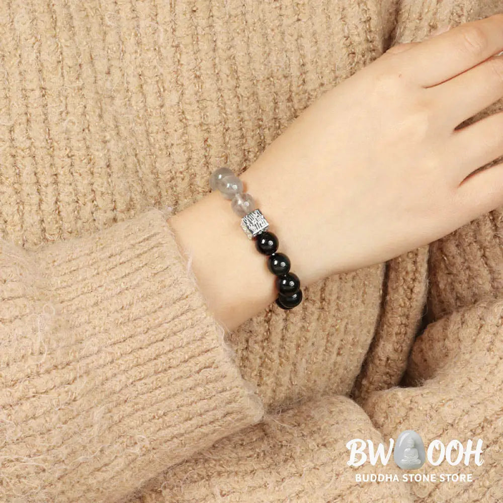 Buddha Stones Black Obsidian Black Rutilated Quartz Moonstone Cube Strength Bracelet - BWOOOH - Bracelet