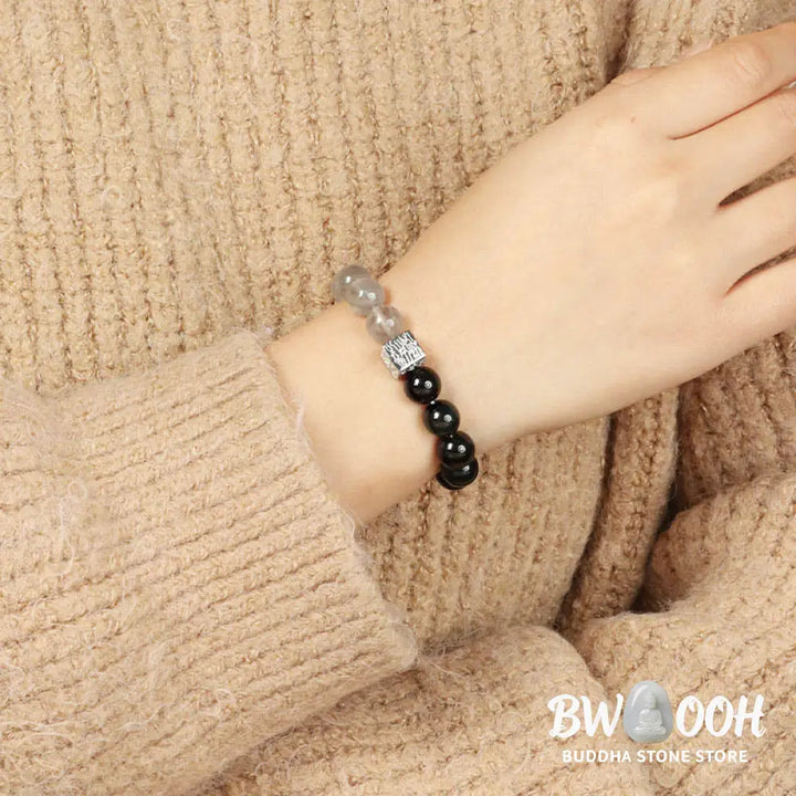 Buddha Stones Black Obsidian Black Rutilated Quartz Moonstone Cube Strength Bracelet - BWOOOH - Bracelet