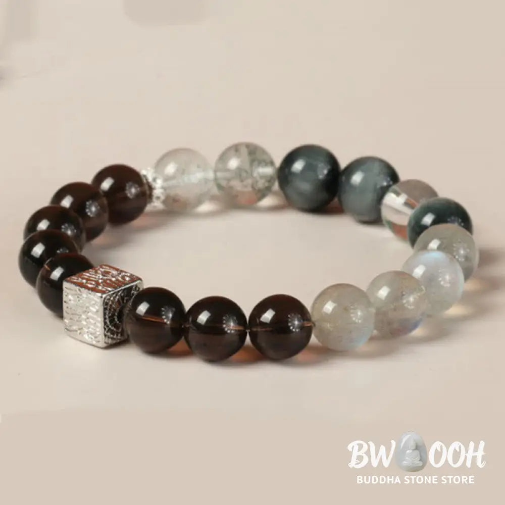Buddha Stones Black Obsidian Black Rutilated Quartz Moonstone Cube Strength Bracelet - BWOOOH - Bracelet