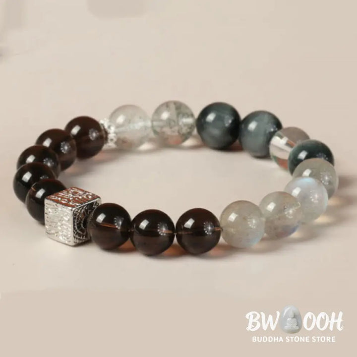 Buddha Stones Black Obsidian Black Rutilated Quartz Moonstone Cube Strength Bracelet - BWOOOH - Bracelet