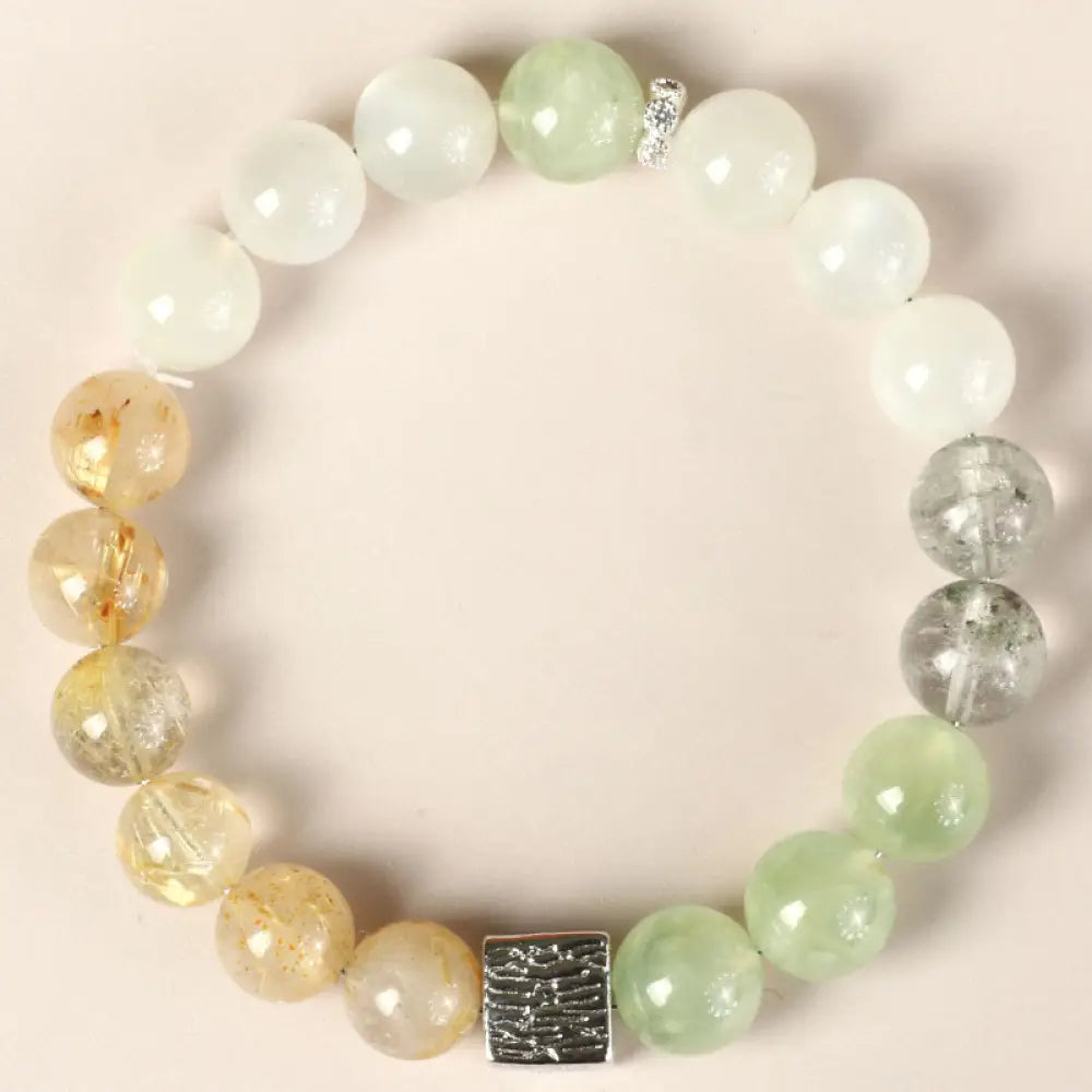 Buddha Stones Black Obsidian Black Rutilated Quartz Moonstone Cube Strength Bracelet - BWOOOH - Rutilated Quartz Green