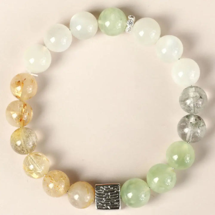 Buddha Stones Black Obsidian Black Rutilated Quartz Moonstone Cube Strength Bracelet - BWOOOH - Rutilated Quartz Green