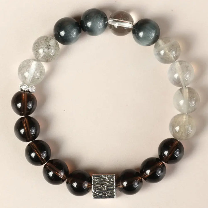 Buddha Stones Black Obsidian Black Rutilated Quartz Moonstone Cube Strength Bracelet - BWOOOH - Smoky Quartz Eagle Eye