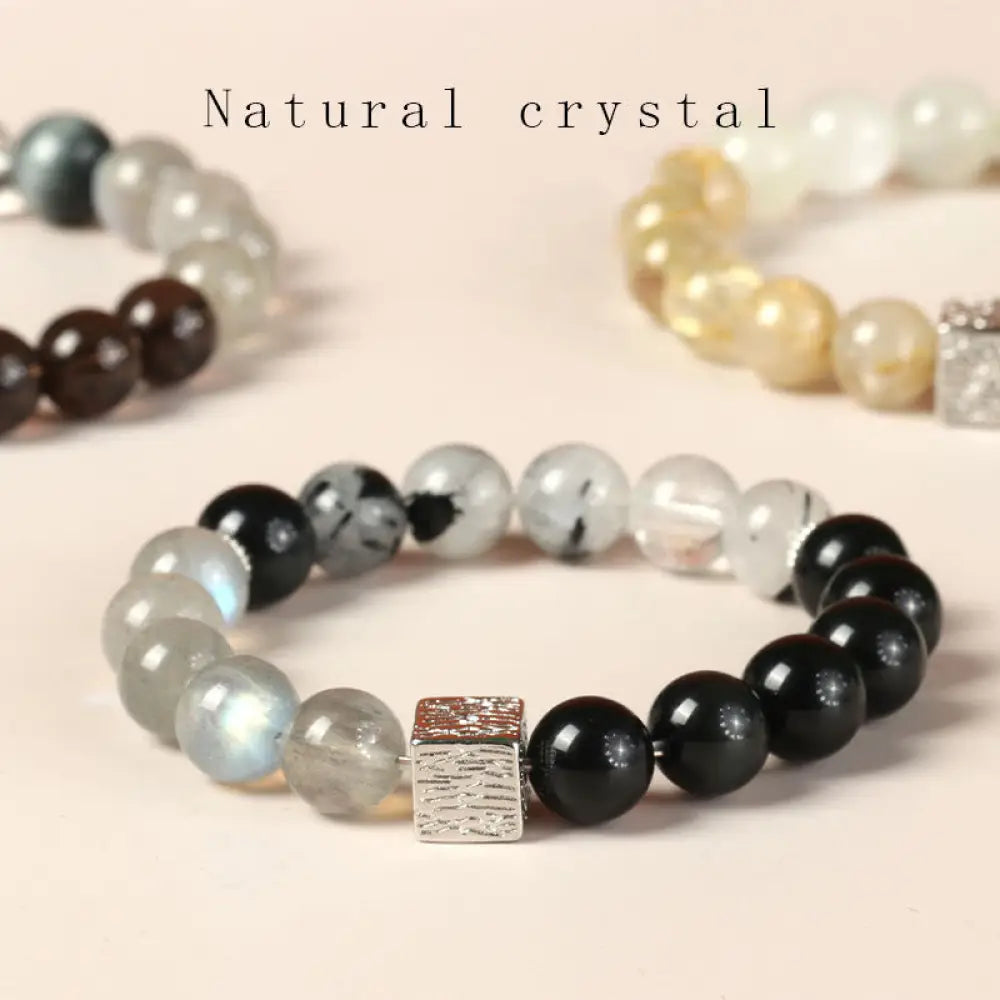 BWOOOH Black Obsidian Black Rutilated Quartz Moonstone Cube Strength Bracelet - BWOOOH - Black Obsidian Black