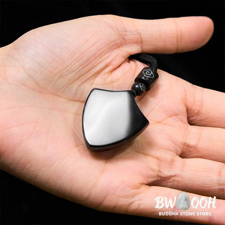 Buddha Stones Black Obsidian Shield Pattern Yin Yang Symbol Strength Necklace Pendant - BWOOOH - Shield YIN YANG