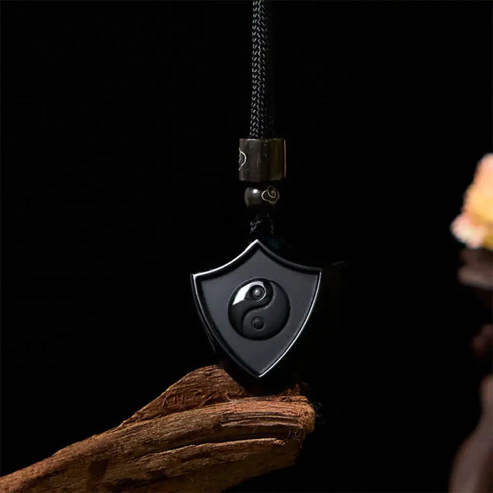 Buddha Stones Black Obsidian Shield Pattern Yin Yang Symbol Strength Necklace Pendant - BWOOOH - Shield YIN YANG