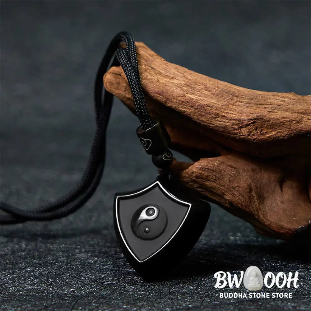 Buddha Stones Black Obsidian Shield Pattern Yin Yang Symbol Strength Necklace Pendant - BWOOOH - Shield YIN YANG