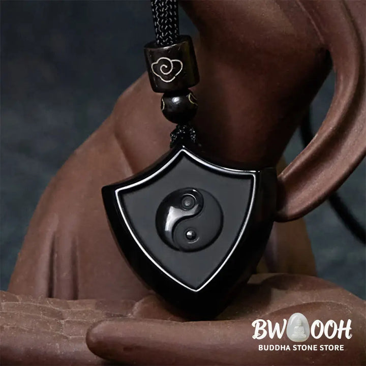 Buddha Stones Black Obsidian Shield Pattern Yin Yang Symbol Strength Necklace Pendant - BWOOOH - Shield YIN YANG