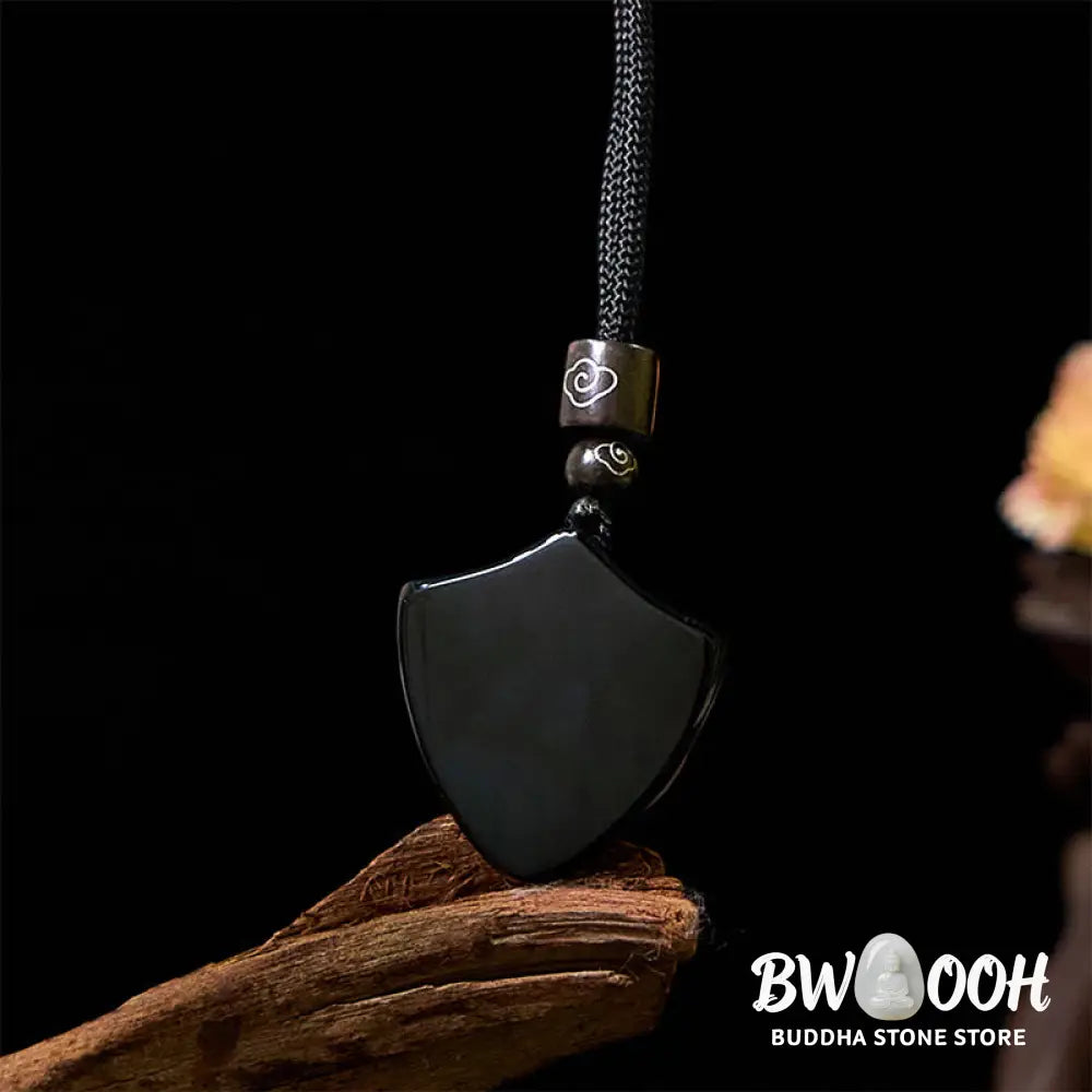 Buddha Stones Black Obsidian Shield Pattern Yin Yang Symbol Strength Necklace Pendant - BWOOOH - Shield YIN YANG