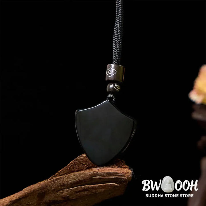 Buddha Stones Black Obsidian Shield Pattern Yin Yang Symbol Strength Necklace Pendant - BWOOOH - Shield YIN YANG