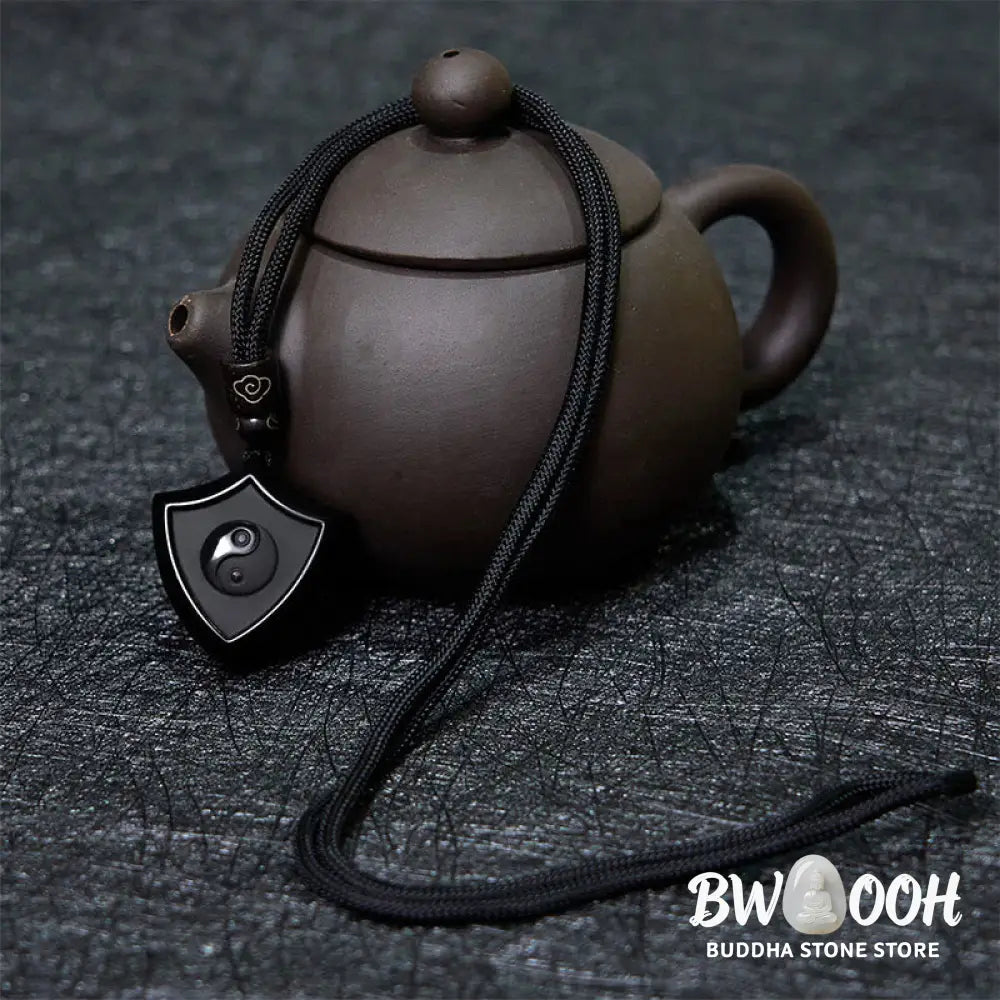 Buddha Stones Black Obsidian Shield Pattern Yin Yang Symbol Strength Necklace Pendant - BWOOOH - Shield YIN YANG
