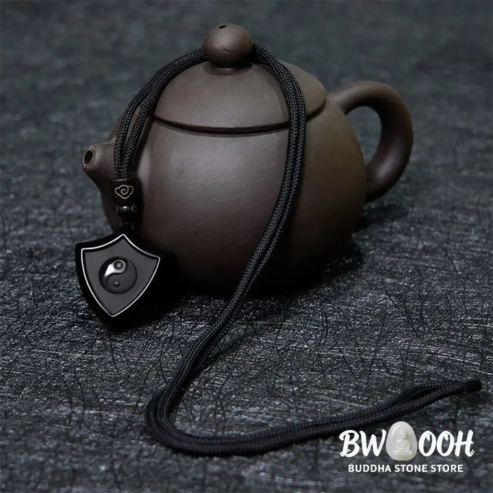 Buddha Stones Black Obsidian Shield Pattern Yin Yang Symbol Strength Necklace Pendant - BWOOOH - Shield YIN YANG