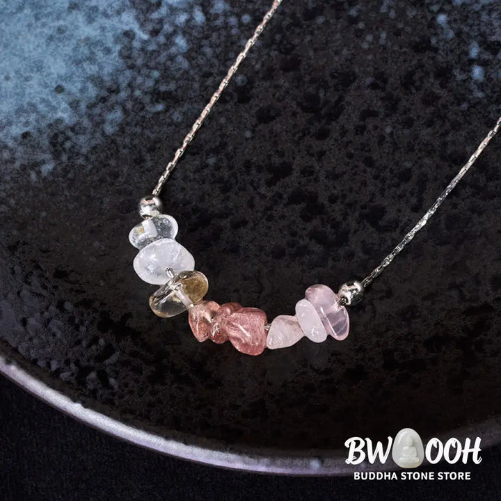 Buddha Stones Black Obsidian Smoky Quartz Garnet Aquamarine Strawberry Quartz Pink Crystal Strength Necklace Pendant