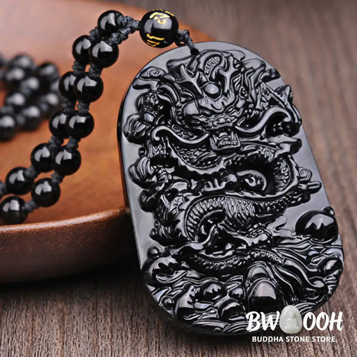 BWOOOH Black Obsidian Stone Dragon Fulfilment Pendant Necklace, a unisex, hand-carved natural black obsidian dragon (51x33x9mm) worn as a powerful energy shield, grounding the root chakra and attracting positive Feng Shui energy. - View 6
