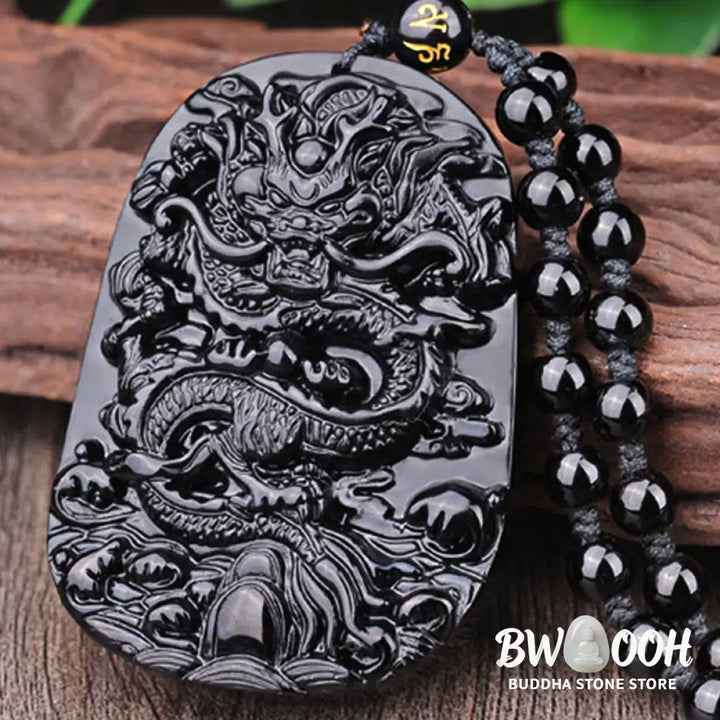 BWOOOH Black Obsidian Stone Dragon Fulfilment Pendant Necklace, a unisex, hand-carved natural black obsidian dragon (51x33x9mm) worn as a powerful energy shield, grounding the root chakra and attracting positive Feng Shui energy. - View 9