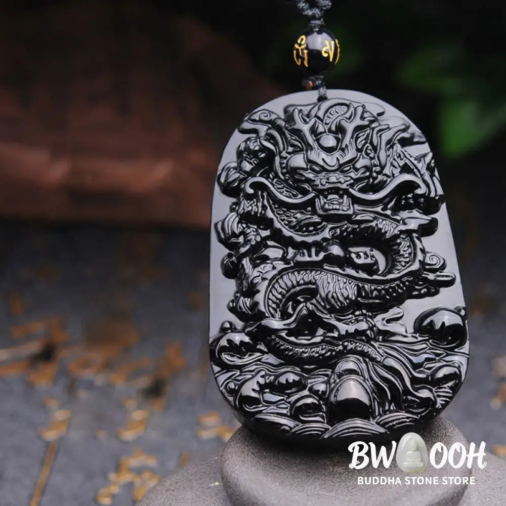 BWOOOH Black Obsidian Stone Dragon Fulfilment Pendant Necklace, a unisex, hand-carved natural black obsidian dragon (51x33x9mm) worn as a powerful energy shield, grounding the root chakra and attracting positive Feng Shui energy. - View 10