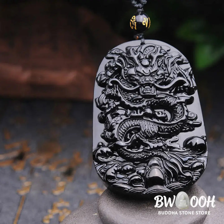 BWOOOH Black Obsidian Stone Dragon Fulfilment Pendant Necklace, a unisex, hand-carved natural black obsidian dragon (51x33x9mm) worn as a powerful energy shield, grounding the root chakra and attracting positive Feng Shui energy. - View 10