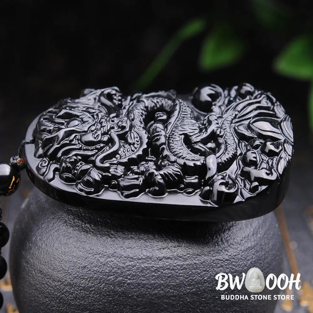 BWOOOH Black Obsidian Stone Dragon Fulfilment Pendant Necklace, a unisex, hand-carved natural black obsidian dragon (51x33x9mm) worn as a powerful energy shield, grounding the root chakra and attracting positive Feng Shui energy. - View 4
