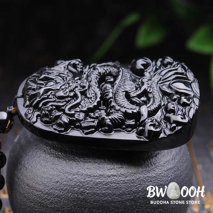 BWOOOH Black Obsidian Stone Dragon Fulfilment Pendant Necklace, a unisex, hand-carved natural black obsidian dragon (51x33x9mm) worn as a powerful energy shield, grounding the root chakra and attracting positive Feng Shui energy. - View 4