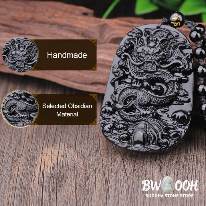 BWOOOH Black Obsidian Stone Dragon Fulfilment Pendant Necklace, a unisex, hand-carved natural black obsidian dragon (51x33x9mm) worn as a powerful energy shield, grounding the root chakra and attracting positive Feng Shui energy. - View 8