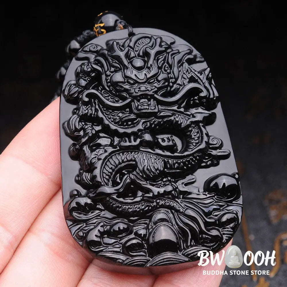 BWOOOH Black Obsidian Stone Dragon Fulfilment Pendant Necklace, a unisex, hand-carved natural black obsidian dragon (51x33x9mm) worn as a powerful energy shield, grounding the root chakra and attracting positive Feng Shui energy. - View 3