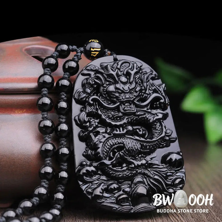 BWOOOH Black Obsidian Stone Dragon Fulfilment Pendant Necklace, a unisex, hand-carved natural black obsidian dragon (51x33x9mm) worn as a powerful energy shield, grounding the root chakra and attracting positive Feng Shui energy. - View 7