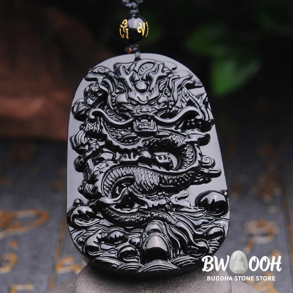 BWOOOH Black Obsidian Stone Dragon Fulfilment Pendant Necklace, a unisex, hand-carved natural black obsidian dragon (51x33x9mm) worn as a powerful energy shield, grounding the root chakra and attracting positive Feng Shui energy. - View 2