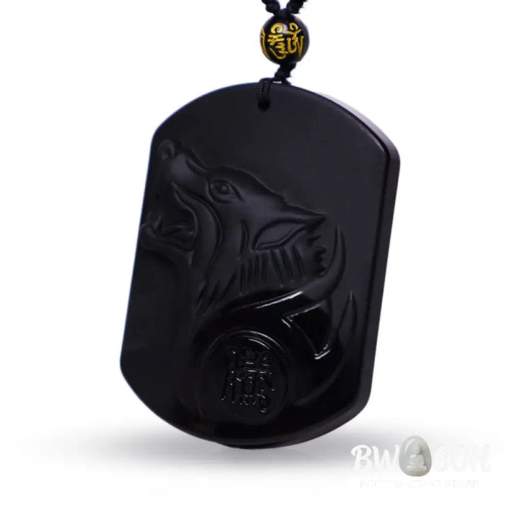 BWOOOH Black Obsidian Stone Wolf Purification Pendant Necklace, featuring a 50x40x13mm sleek wolf head, symbolizing strength, cleansing, and grounding energy. - View 3