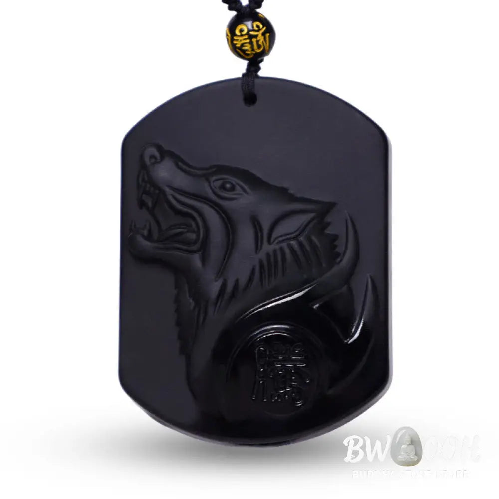 BWOOOH Black Obsidian Stone Wolf Purification Pendant Necklace, featuring a 50x40x13mm sleek wolf head, symbolizing strength, cleansing, and grounding energy. - View 2