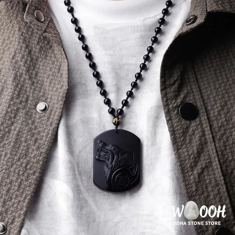 BWOOOH Black Obsidian Stone Wolf Purification Pendant Necklace, featuring a 50x40x13mm sleek wolf head, symbolizing strength, cleansing, and grounding energy. - View 5