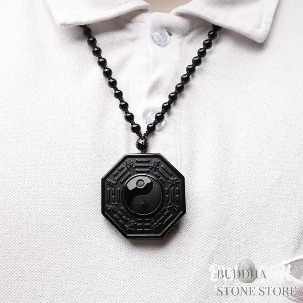 BWOOOH Black Obsidian Yin Yang Pendant Necklace (48x48mm). Natural carved obsidian on silver chain, symbolizing balance, harmony, and energetic protection. - View 8