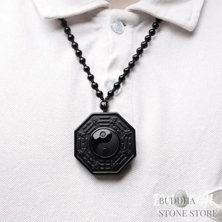BWOOOH Black Obsidian Yin Yang Pendant Necklace (48x48mm). Natural carved obsidian on silver chain, symbolizing balance, harmony, and energetic protection. - View 8
