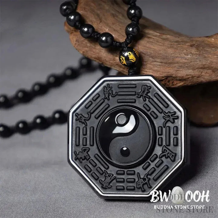 BWOOOH Black Obsidian Yin Yang Pendant Necklace (48x48mm). Natural carved obsidian on silver chain, symbolizing balance, harmony, and energetic protection. - View 2