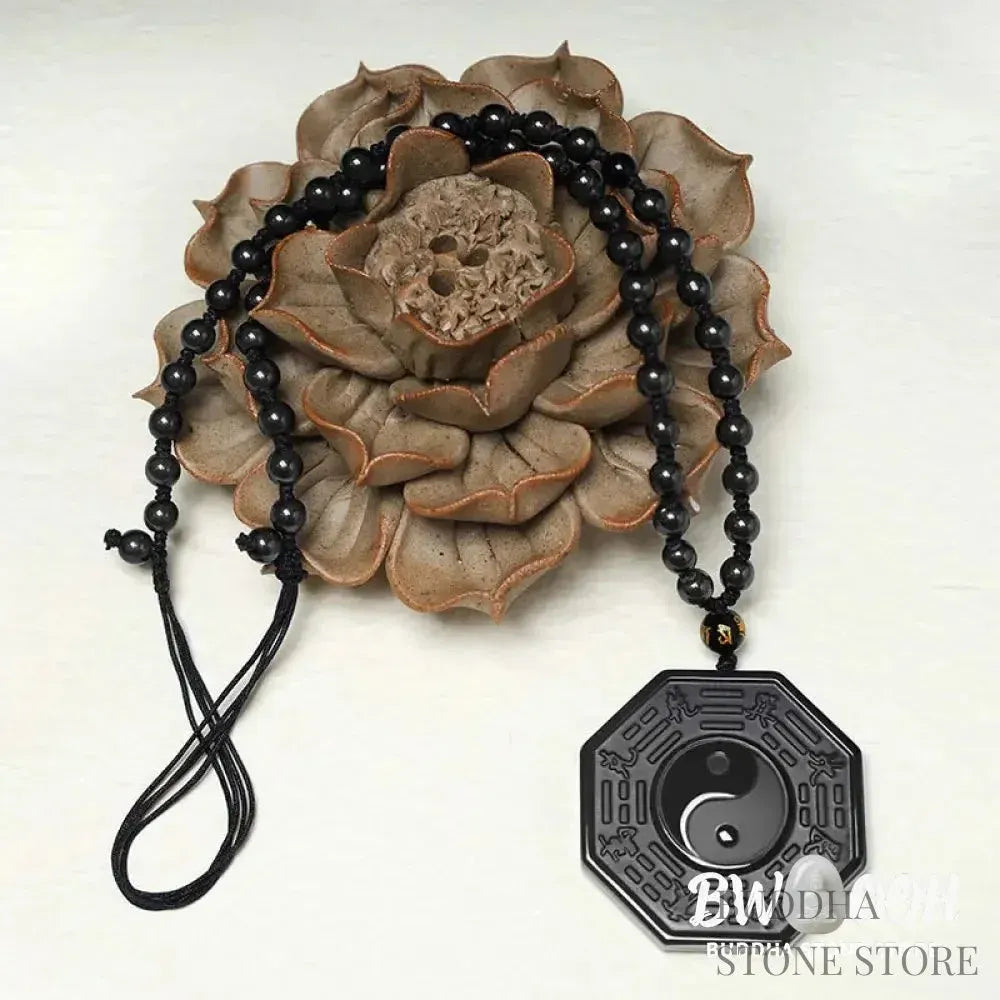 BWOOOH Black Obsidian Yin Yang Pendant Necklace (48x48mm). Natural carved obsidian on silver chain, symbolizing balance, harmony, and energetic protection. - View 5