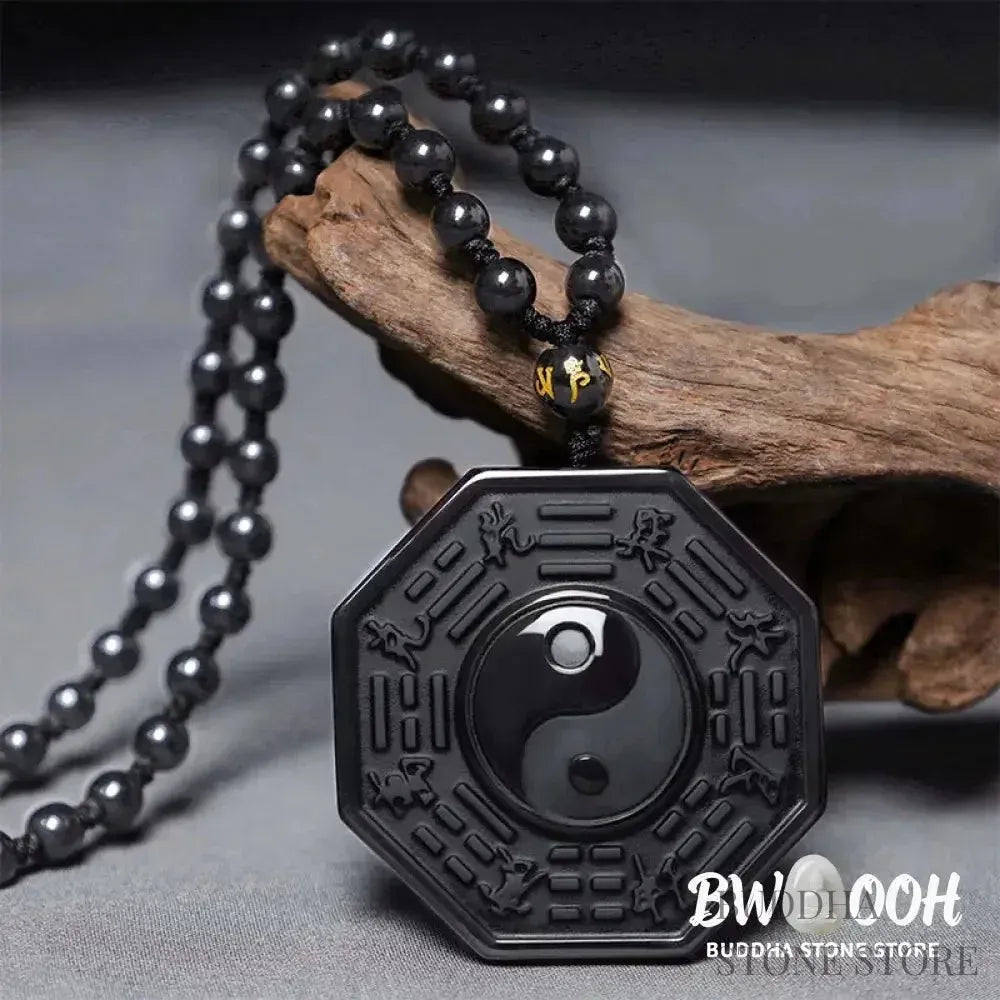 BWOOOH Black Obsidian Yin Yang Pendant Necklace (48x48mm). Natural carved obsidian on silver chain, symbolizing balance, harmony, and energetic protection. - View 6