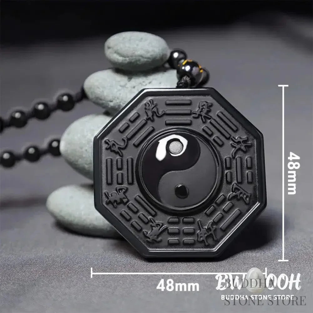 BWOOOH Black Obsidian Yin Yang Pendant Necklace (48x48mm). Natural carved obsidian on silver chain, symbolizing balance, harmony, and energetic protection. - View 3