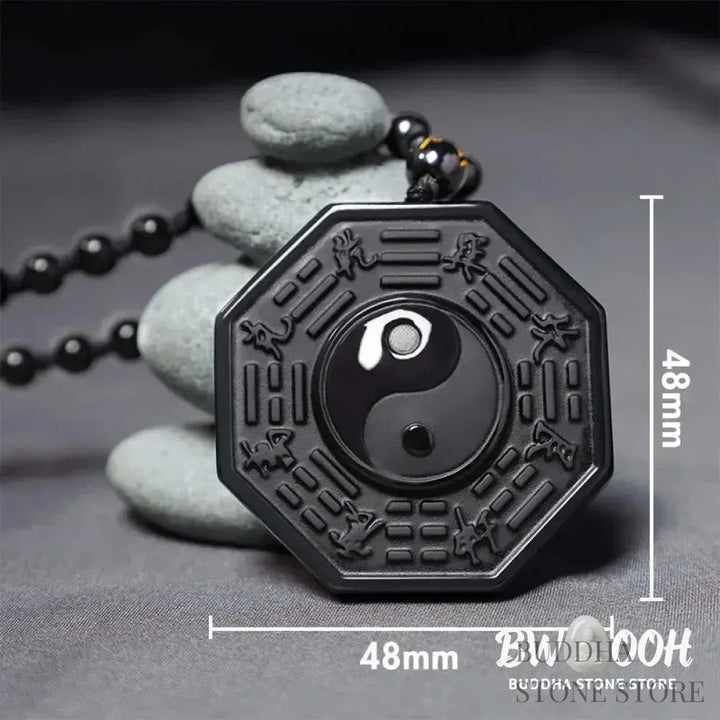 BWOOOH Black Obsidian Yin Yang Pendant Necklace (48x48mm). Natural carved obsidian on silver chain, symbolizing balance, harmony, and energetic protection. - View 3