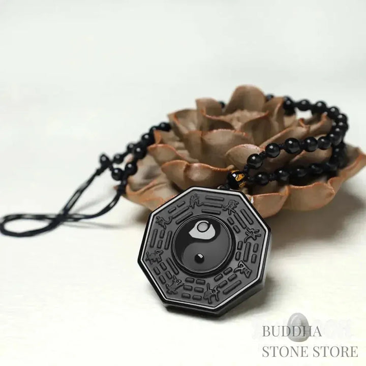 BWOOOH Black Obsidian Yin Yang Pendant Necklace (48x48mm). Natural carved obsidian on silver chain, symbolizing balance, harmony, and energetic protection. - View 4