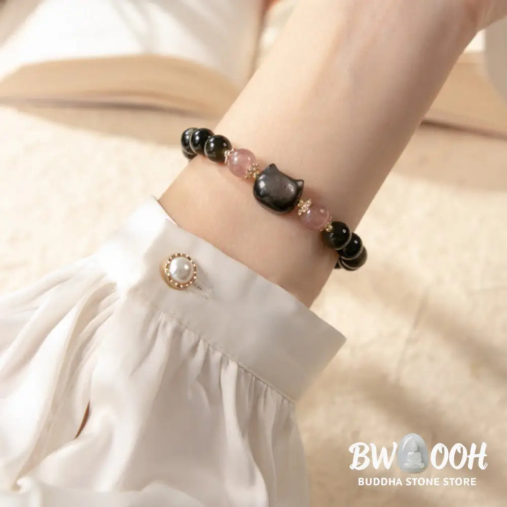 Buddha Stones Black Obsidian Strawberry Quartz Beads Silver Sheen Obsidian Cat Head Strength Bracelet - BWOOOH - Black
