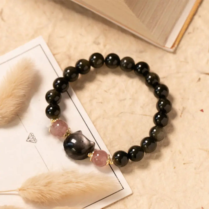 BWOOOH Black Obsidian Strawberry Quartz Beads Silver Sheen Obsidian Cat Head Strength Bracelet - BWOOOH - Black