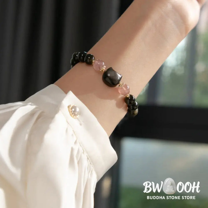 Buddha Stones Black Obsidian Strawberry Quartz Beads Silver Sheen Obsidian Cat Head Strength Bracelet - BWOOOH - Black
