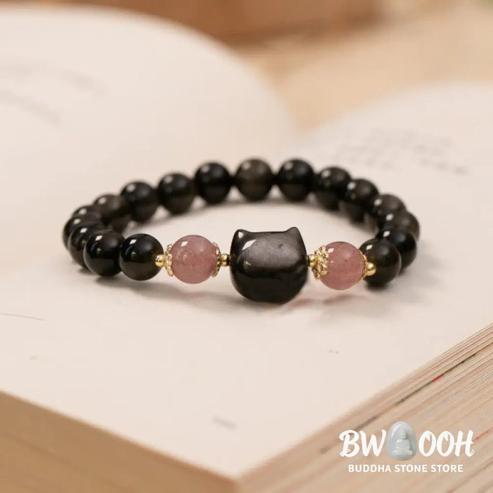 Buddha Stones Black Obsidian Strawberry Quartz Beads Silver Sheen Obsidian Cat Head Strength Bracelet - BWOOOH - Black